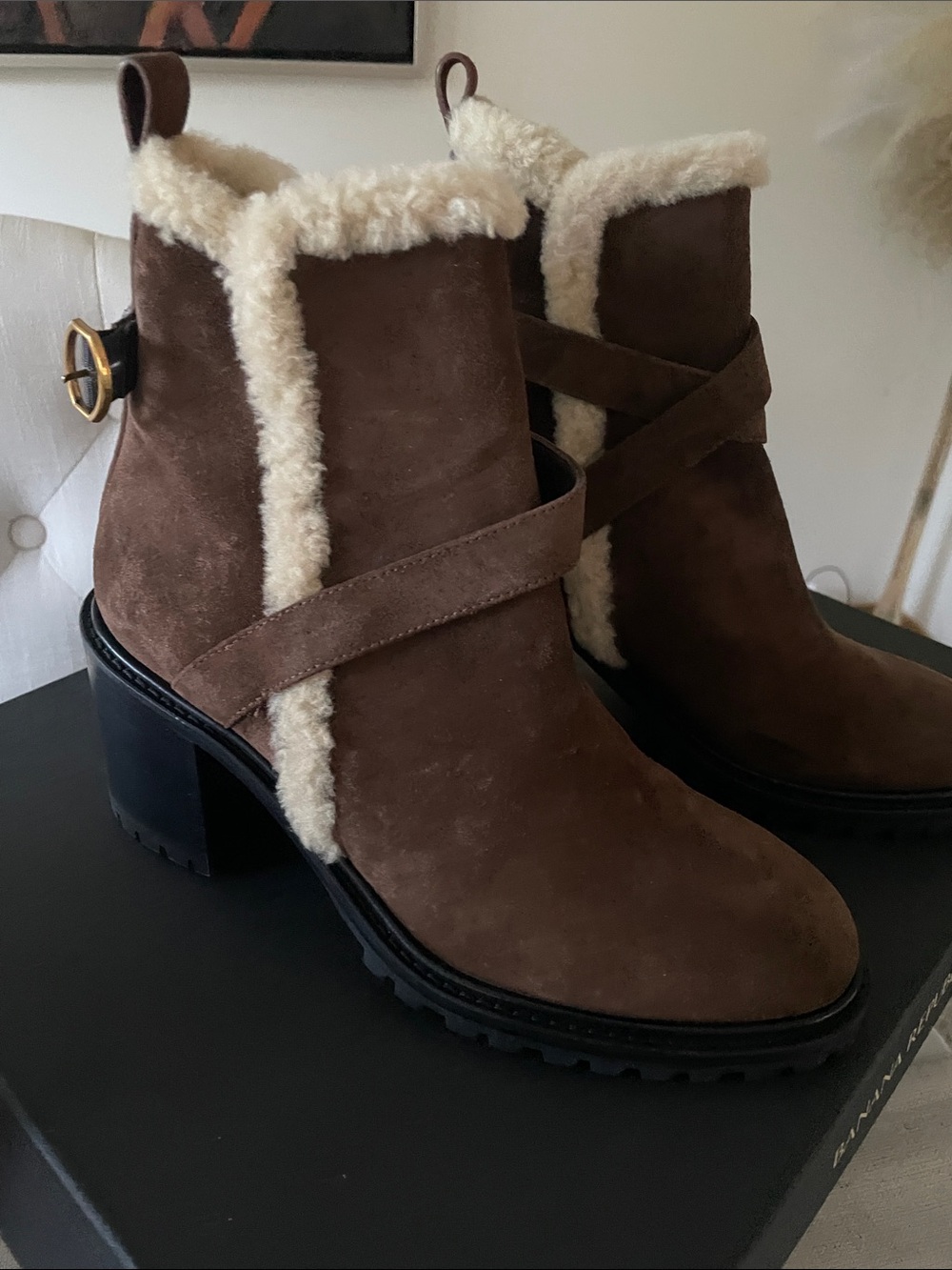 Banana Republic Brown Suede Shearling Trim Block Heel Ankle Boots